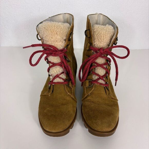 Sorel Tan Suede Sherpa Tongue Red Lace Up Mid Calf Combat Boots Women's Size 8 - Picture 5 of 11